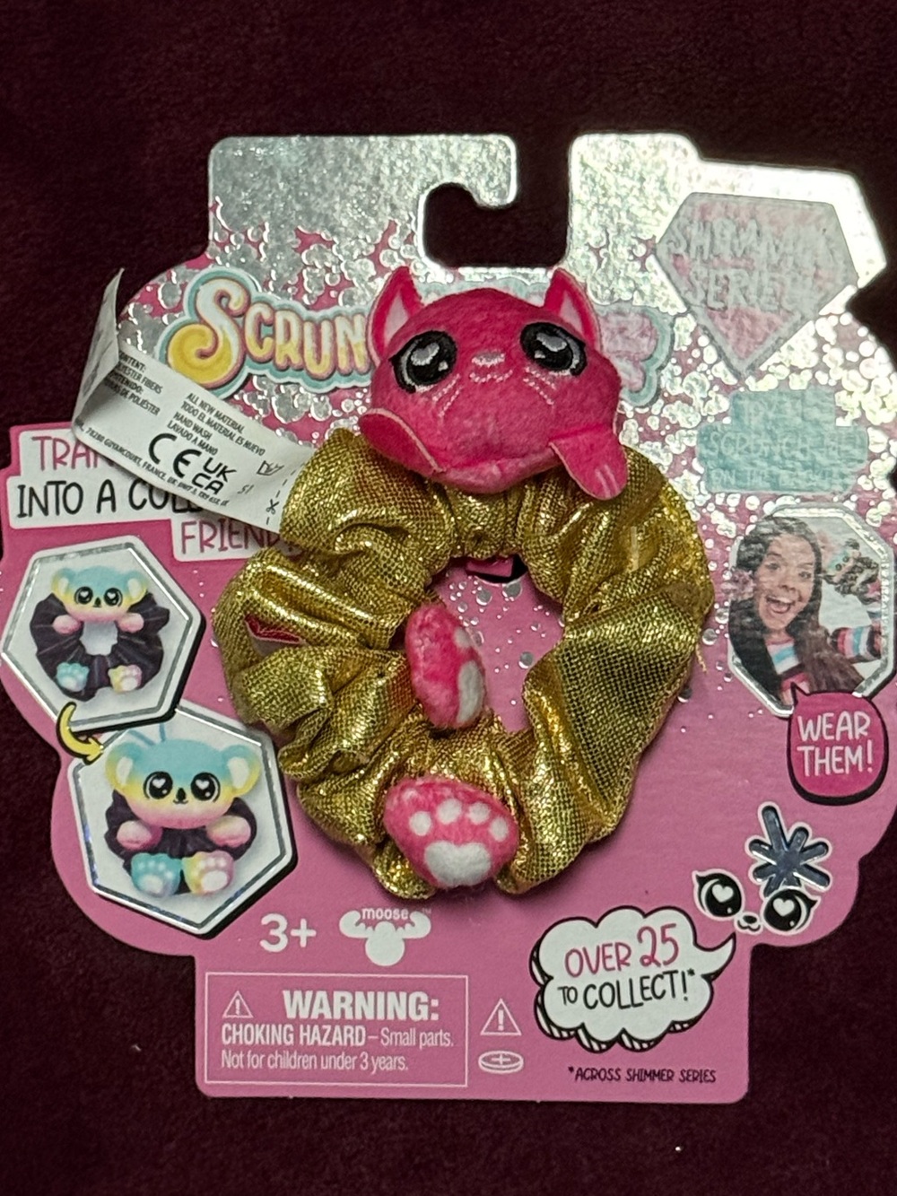 Gold ScrunchMiez Shimmer Series Hair Tie with Pink Plush Kitty